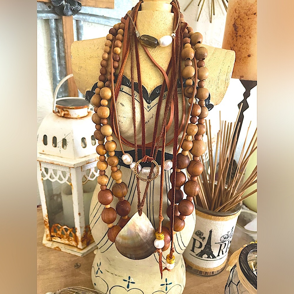 Gorgeous Nature Natural Wooden Bead Necklace Collection w Pearls, Abalone, Jute - Picture 10 of 12